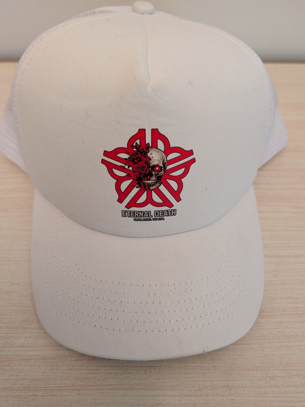 Eternal Death White Trucker Hat with Red Skull Graphic